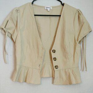 New Beige Short Sleeve Button-Down Blouse with Waist Ruffles - Size Small